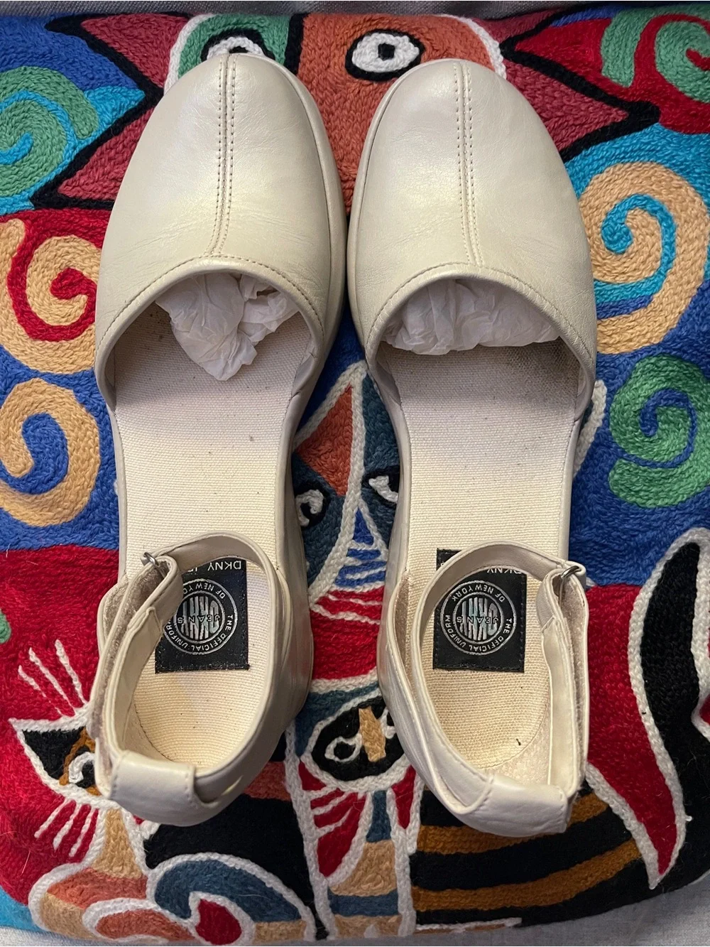 DKNYC Cream Ankle-Strap Wedge Flats